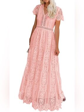 Women’s Blush Pink Lace Maxi Dress Boho Cottagecore Romantic Wedding Guest